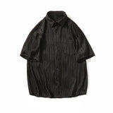 Wiaofellas  -  Told Tale Men's Wavy Grain Pleated Blouse Lapel Short Sleeve Streetwear Casual Male Loose Leisure Solid Shirts Men Clothing