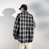 WIAOFELLAS  -  Hong Kong Style Shirt Men's, Plaid Long Sleeve, Retro Loose Fit, Navy Blue