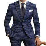 Wiaofellas  -  Striped Men Suits Formal Navy Blue Wedding Business Tuxedo Single Breasted Groom Outfits Pinstriped Suit (Blazer+Pants)