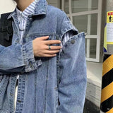 WIAOFELLAS -  Fashion Spliced Sleeves Detachable Denim Jacket Men's Oversize Loose Causal High Street Jackets Men Overcoat Male Clothes