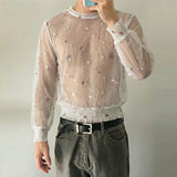 Wiaofellas  -  Men's T Shirt Mesh Flower Embroidery See Through Male Vests Streetwear Summer Sexy Long Sleeve O-neck Men Clothes