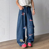 WIAOFELLAS  -  Niche Design Men's Denim Pants Printing Contrast Color Washing Casual Wide Leg Trousers Straight Male Jeans Trendy