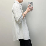 WIAOFELLAS  -  Men's Oversized Striped Casual Shirt - Korean Fashion Trend Short Sleeve Button-Down Collared Top  Stylish Layered Streetwear