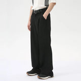 Wiaofellas  -  Fashion Men's Suit Pants Loose Belt Design Wide Leg Straight Casual Trousers Solid Color New Chic Summer