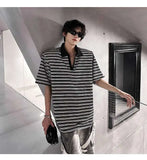 WIAOFELLAS  -  Trendy Men's Striped Contrast Color Shoulder Pads Loose T-shirts Fashion Casual Short Sleeves Lapel Tops Male Summer