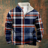 WIAOFELLAS  -  Patchwork Men's Sweatshirt Plaid Print Navy Blue Long Sleeve Stand Collar Zipper Casual Pullovers