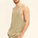 Wiaofellas  -  Streetwear Men Clothes Fashion Summer Sleeveless O Neck Straps Knitted Tank Tops Mens Vintage Solid Color Ripped Vest Camisole