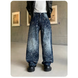 Wiaofellas  -  Men Vintage Rhinestone Wide Leg Jeans Crackle Wash Glitter Diamond Denim Pants Loose Straight Baggy Trousers Hip Hop Long Pants
