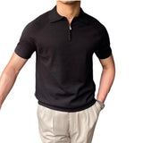 Wiaofellas  -  New Men Urban Business Knitted Polo Shirt Luxury Slim-fit Half-zipper T-shirts Solid Color Short Sleeve Breathable Stretchy Tops