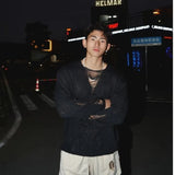 WIAOFELLAS  -  Spring and Autumn Hollow Sweater Men's Solid Color Deep V Lazy Style Pullover Sweater Thin Destructive Design Top