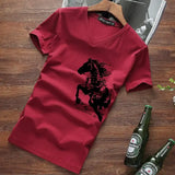 Wiaofellas  -  Men's V-neck Cotton T-shirt Chinese Style Horse Print Short Sleeve Slim Fit Casual Summer Tee