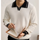 Wiaofellas  -  Men's Classic Contrast Trim Collar Long Sleeve Knit Pullover Polo Shirt Ribbed Knit Fabric Casual Top For Autumn Daily Occasions