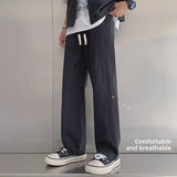 Wiaofellas  -  Men's Cotton Linen Casual Pants Summer New Sle Drapey Straight Leg Loose Trendy Thin Wide Leg Sports Long Trousers
