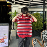 WIAOFELLAS  -  Trendy Men's Contrast Color Striped Buttons Design Loose T-shirt Fashion Casual Lapel Short Sleeves Tops Male Summer