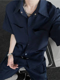 Wiaofellas  -  Navy Blue Seersucker Men's T-shirt Short Sleeve Shirt Summer Thin Casual Outfit Streetwear Vintage Retro Cleanfit Daily Wear