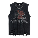 Wiaofellas  -  Mens Casual Washed Distressed Vest Summer New Fashion Versatile Hole Printed Metal Necklace Sleeveless T-Shirt For Men