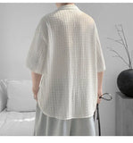 WIAOFELLAS  -  Korean Style Men's Shirts Lapel Hollow Out Knitting Single Breasted Tops Short Sleeved Pocket Loose Male Tops Trend