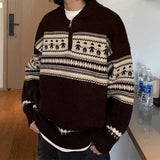 Wiaofellas  -  Fall Winter New Casual Men's Knit Jumpers Vintage Pattern Print Knitting Sweater Tops Men Fashionable Lapel Zipper Sweater