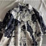 Wiaofellas  -  Men's Black White Floral Print Lapel Short Sleeve Shirt Casual Loose Vintage Blouse