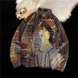 WIAOFELLAS  -  Retro Shirt Cuban Vintage Shirt Men's Loose Autumn Winter Woolen Coat Long-sleeved Shirt Couple Geometric Pattern Button Blouse