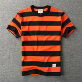WIAOFELLAS  -  Heavy double cotton short sleeve t pocket American retro thick horizontal thick wide stripe T-shirt men's and women's T-shirt