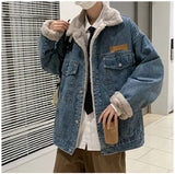 Wiaofellas  -  Autumn Winter Lamb Velvet Denim Jaet Men's Trendy Casual Japanese Sle Retro Cool American High Street Loose Fce Lined
