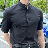 WIAOFELLAS  -  Summer New Stand Collar Fashion Half Sleeve Shirt Man High Street Casual Slim Button Cardigan Solid Color Office All-match Tops