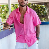 Wiaofellas  -  Solid Color Pink Shirts For Men Summer Fashion Loose Cotton Linen Shirt Mens Clothes Casual Button-up Lapel Short-sleeved Tops