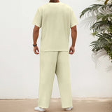 WIAOFELLAS  -  Men Sets Solid Color V Neck Short Sleeve T Shirt & Pants Two Pieces Sets Summer Streetwear 2025 Loose Fashion Men Suits