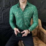 WIAOFELLAS  -  Sexy Men's Mesh See Through Fishnet Lace Shirts Long Sleeved Slim Fit Transparent Shirt for Men Nightclub Prom Camisa Masculina