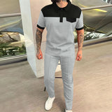 Wiaofellas  -  Men's New Waffle Color Patchwork Lapel Button Polo Shirt Short Sleeve Shirt Solid Color Trousers Two Men's Suit
