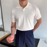 WIAOFELLAS  -  Spring Summer Knit Polo Shirt Men Casual Turn-down Collar Button-up Fashion Striped Solid Slim Tops Ice Silk Fabric T-shirt