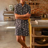 WIAOFELLAS  -  Mens Casual Home Vacation Suit Summer Fashion Elegant Loose Black Floral Print Short Sleeve Shirt Shorts Two-Piece Set