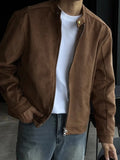 Wiaofellas  -  Early Autumn Brown Stand Collar Jacket Outerwear Loose American Sleeve Warm Gate Men's Fashion Stand Fit Long Sleeve