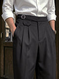 Wiaofellas  -  Men SS Neapolitan Style Solid Woven High Waist Loose Straight Suit Trousers Elegant Daily Commuter Formal Business Pants