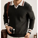 Wiaofellas  -  Men's Classic Contrast Trim Collar Long Sleeve Knit Pullover Polo Shirt Ribbed Knit Fabric Casual Top For Autumn Daily Occasions