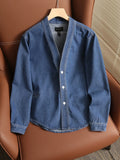 WIAOFELLAS  -  Classic Denim Cardigan Jacket Monk Robe Spring Men's Washed Taoist Robe V-neck Cardigan Coat Unisex Vintage Button Blue Tops