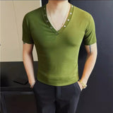 Wiaofellas  -  Spring Summer V-neck Short Sleeved T-shirt for Men Rivet Decoration High Elasticity Knitted T-shirts Slim Fit Casual Base Shirt