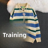 Wiaofellas  -  Casual Loose Knitted Rainbow Stripes Collar Sweater Spring Autumn Couple Style Comfortable Lazy Man's Pullover Fashionable
