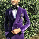 Wiaofellas  -  Velvet Men's Suit 2 Pieces Blazer Pants Double Breasted Sheer Lapel Business Purple Formal Wedding Groom Tailored Costume Homme