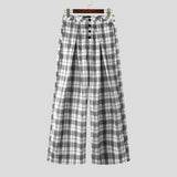 Wiaofellas  -  Men Plaid Pants Button Joggers Loose Casual Wide Leg Trousers Men Pleated Streetwear Baggy Fashion Wide Leg Pants