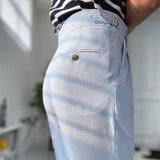 WIAOFELLAS  -  Fashion Men's Italian Style Naples Suit Pants Blue Stripes Seersucker High Waist Paris Buckle Trouser England Business Casual Pa