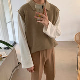 WIAOFELLAS  -  Lapel Preppy Sweater Vest Men Knitwear Vintage Students Korean Fashion Harajuku Temper All-match Designer Aesthetic Streetwear