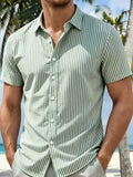 Wiaofellas  -  Stylish Mens Striped Printing Shirts Spring Summer Daily Casual Short Sleeve Button-up Shirt Men Leisure Turn-down Collar Shirts