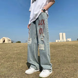 WIAOFELLAS  -  High Street Ripped Printed Jeans for Men Loose Straight Legs for Teenagers Trendy Hip-hop Long Pants