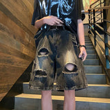WIAOFELLAS  -  Mens Denim Shorts Ripped Trendy Y2k Lightning Pattern Shorts High Street American Style Versatile Retro Shorts Thin Summer