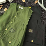 WIAOFELLAS  -  V-neck Men's Tank Tops Single Breasted Solid Color Sleeveless Casual Menswear Loose Pocket Malek Vests Summer