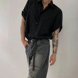 WIAOFELLAS  -  Mens Short-Sleeved Shirt Summer Daily Korean Style Roll-Tab Sleeves Trendy Shirt Loose Casual High-End Thin Lapel Mens T-Shirt