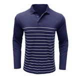 Wiaofellas  -  Men Striped Print Lapel Collar Long Sleeve Polo Shirt Autumn Winter Casual Daily Top