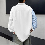 WIAOFELLAS  -  Men Shirt Striped Patchwork Lapel Long Sleeve Men Clothing Streetwear Korean Style Fashion Oversize Shirts Casual Tops